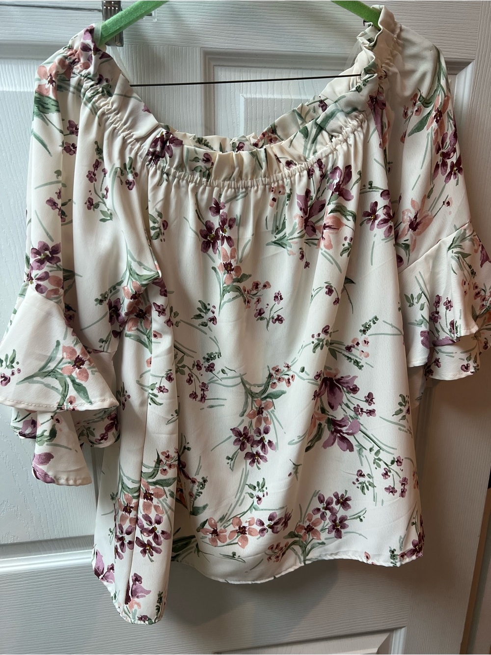 Vine & Love Cream Off-Shoulder Blouse with Purple Floral Print